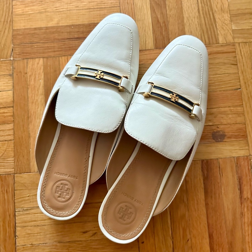 Tory Burch White Amelia Mules, Sz 8